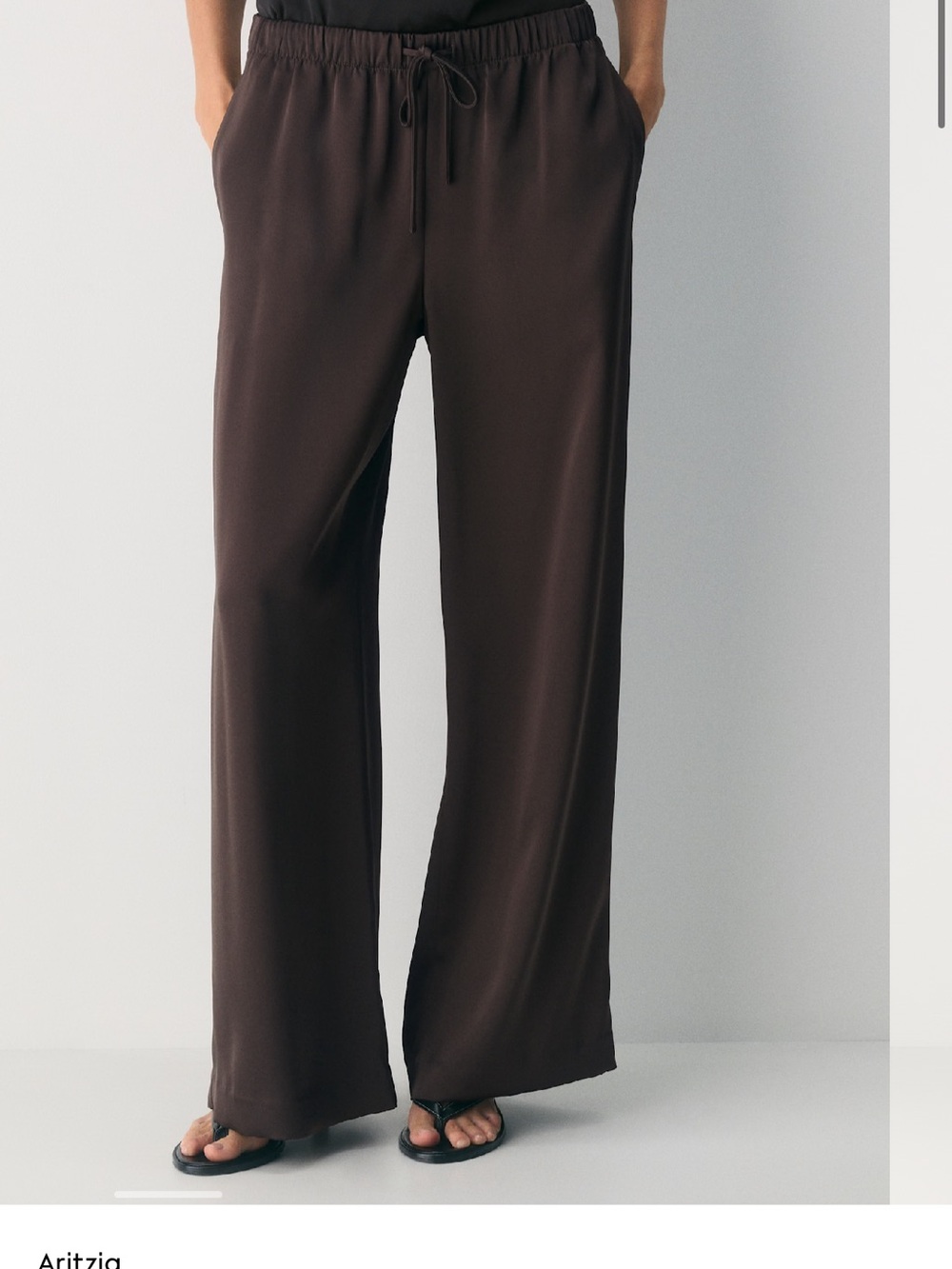 Babaton Satin Pant Elastic-Waist Wide Leg Pants in Chocolate women’s size L - Picture 2 of 11
